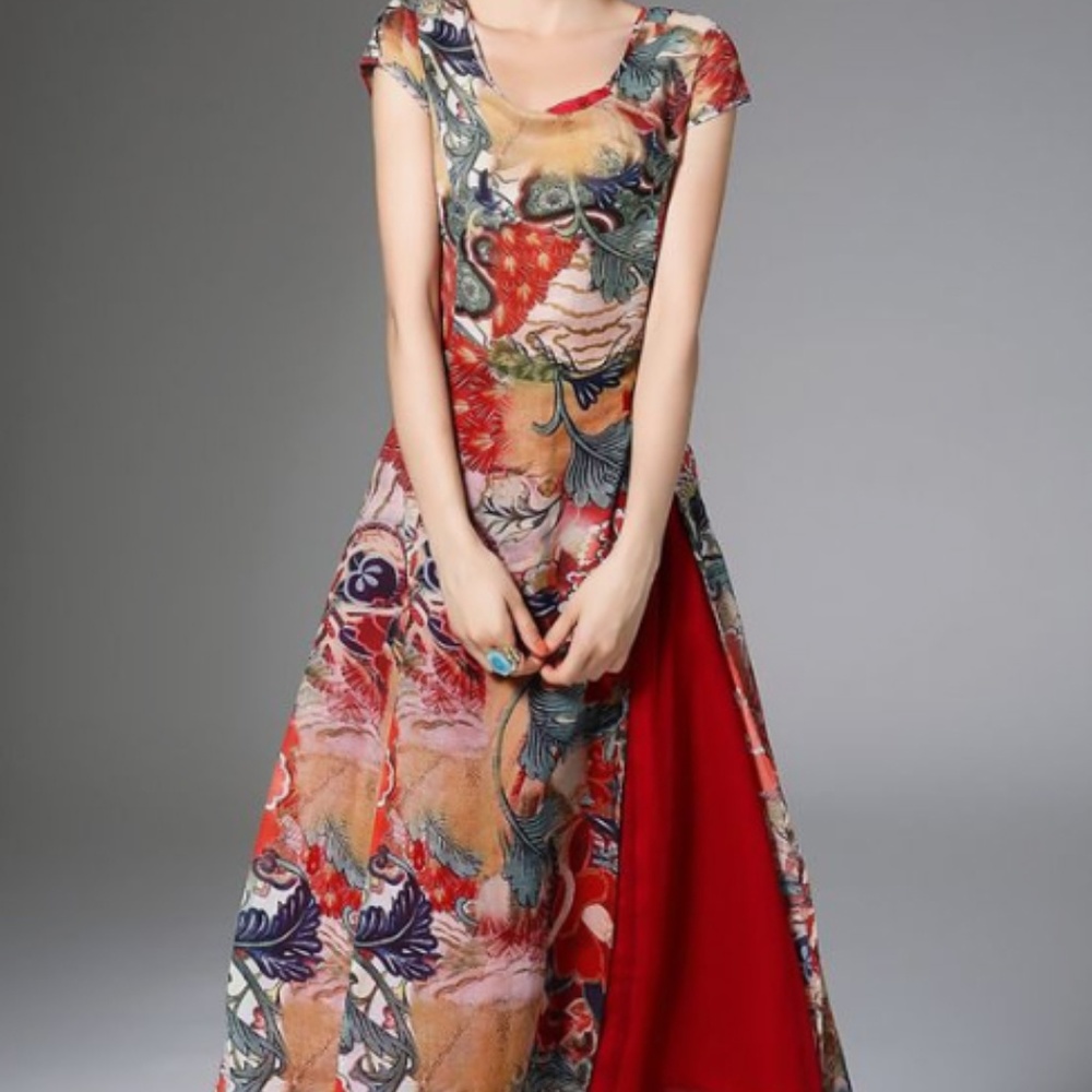 Red Slit Two Piece Casual Midi Dress